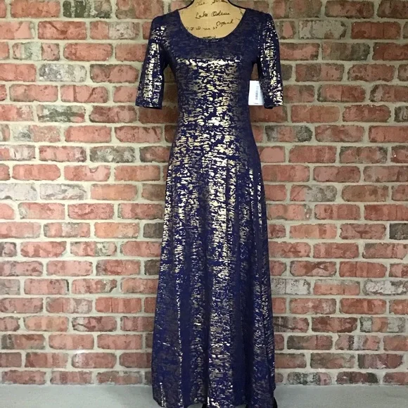 LuLaRoe Ana Maxi Dress Elegant Blue With Metallic Gold XS & SM Available NWT! - Picture 2 of 12